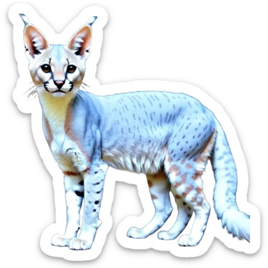 Albino white pastel Realistic patterned marked edgy bluish greyish blackish whitish silvery Shiny Colorful Dusky Dark Glossy Genet-Caracal-Lion-Bobcat-fusion-animal-hybrid-creature, full body, tufted ears, long thin tufted tail sticker