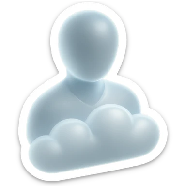 front view portrait of a person, shoulders up, body made of white convex clouds, matte glass style sticker