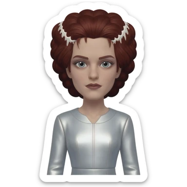 The Bride of Frankenstein from Universal Monsters with dark auburn hair with white streaks, white metallic long dress sticker