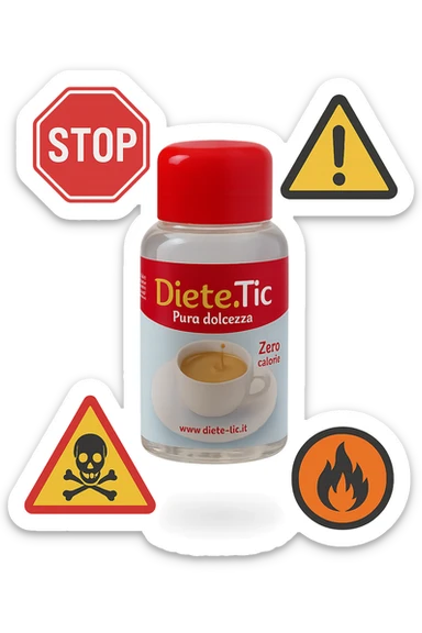 BOCCETTA DI DOLCIFICANTE LIQUIDO CON LA SCRITTA "DIETE-TIC" SULL'ETICHETTA FLUTTUA IN ARIA INSIEME A SEGNALI DI PERICOLO 3D sticker