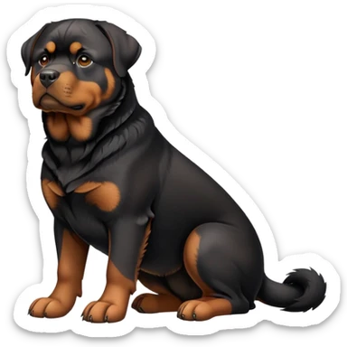 cinematic-[rottweiler]-realistic-full-body-sitting-emoji,-tail-resting-loosely-beside-its-paws,-head-tilted-dramatically, -sleek-[Black and brown]-fur,-simplified-yet-realistic-focused-features,-highly-detailed,-glowing-with-an-almost-sarcastic-glow sticker