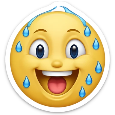 Emoji, yellow round laughing hysterically face, with blue tears of joy on it.  sticker