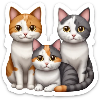 3 different coloured short haired cats including; a dark brown tabby and white cat, and a dark grey and white  sticker