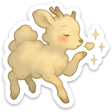 vanilla-colored cloud doe with rosy cheeks, floating, blowing a kiss with sparkles, soft and dreamy ghibli style sticker