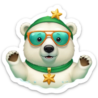 friendly anthropomorphised polar bear wearing oversized colorful star glasses and festive St. Patrick's Day outfit, swimming freestyle with joyful expression sticker