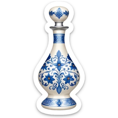 A sleek, tall, and elegant white bottle with intricate blue floral patterns, a curvy hourglass shape, and a reflective silver cap, reminiscent of fine ceramic craftsmanship and luxury tequila sticker