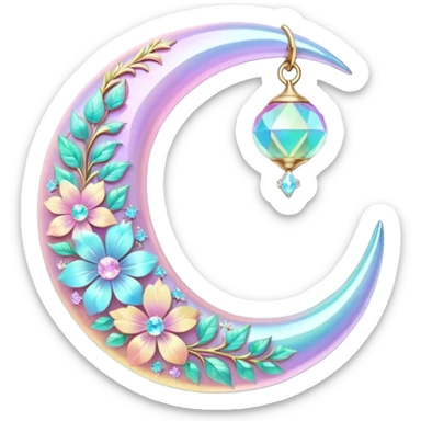 glossy Pastel iridescent floral shiny crystal crescent damask moon sticker