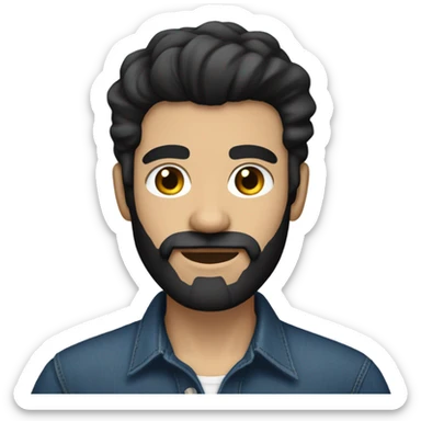 person with a black beard. No moustache. White skin tone. Nice black hair. Denim dark blue shirt sticker