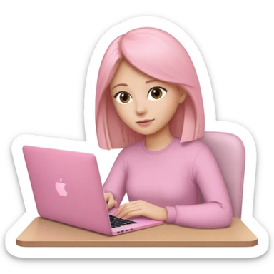 Chica lacia en una MacBook rosa investigando y haciendo tareas sticker