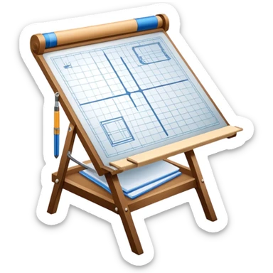 Create a sleek and modern icon representing Architecture, featuring an engineer's drawing board with blueprints of a building and rulers. The design should be visually sophisticated, clean, and professional, without any emojis. The background should be transparent. sticker