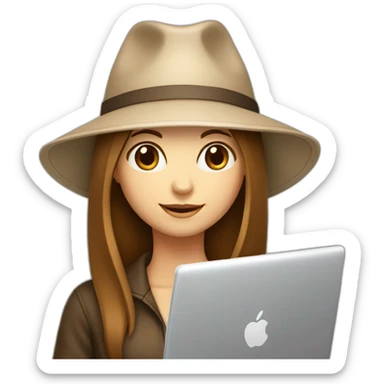 white skin, Girl with a hat, brown hair straight to the shoulders, holding a laptop sticker