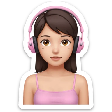 aesthetic brunette girl in light pink tube top shirt with headphones on sticker