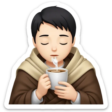 Blonde boy with black hair inside a blanket sipping coffee eyes closed sticker