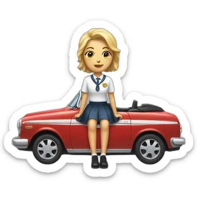 A woman in a school uniform sitting legs crossed on the hood of a car sticker