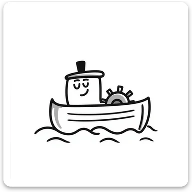 A hand-drawn toy paddleboat with a grinning face and little spinning wheels sticker