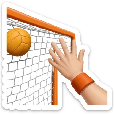 A close-up of a hand gripping a handball, with the goalposts visible in the background. The focus is on the texture of the ball and the strength of the grip, with the goal net slightly blurred to emphasize the anticipation of the throw. sticker