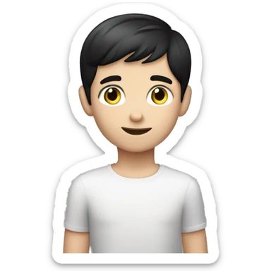 Young Caucasian boy with short black hair and blue eyes raising his hand against a black background sticker