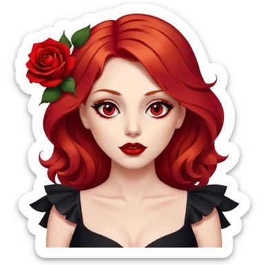 a beautiful angry woman with red hair and red eyes. The woman wear a black little cutted dress. She have red lipstick and she have a seductive look. She have a rose flower in her hair sticker