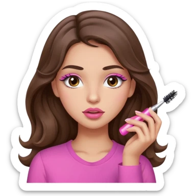 girl with long wavy brown hair, brown eyes, light to medium complexion, in a pink shirt, pink lips, long lashes, puckered lips, putting on mascara sticker