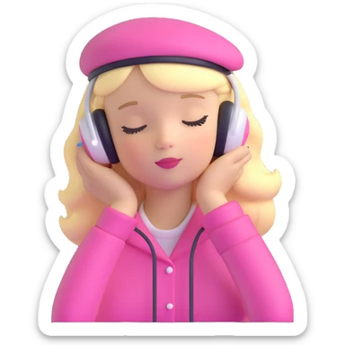 blonde American girl wearing a pink beret and AirPods Max headphones, listening to music with closed eyes sticker