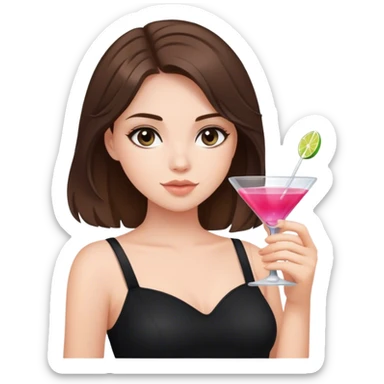 brunette hair down girl black top holding a cosmo sticker