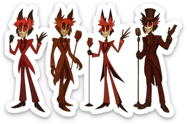 Alastor from Hazbin Hotel, full body, four distinct visual interpretations capturing his charismatic and mischievous personality, no text sticker
