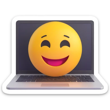 3D smiley emoji, round shape, student working on laptop, blue color, focused face sticker