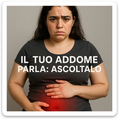 Primo piano di una donna con PCOS, sguardo preoccupato, pancia gonfia evidenziata da una luce rossa, testo in italiano: 'Il tuo addome parla: ascoltalo', sfondo neutro, qualità 4K sticker