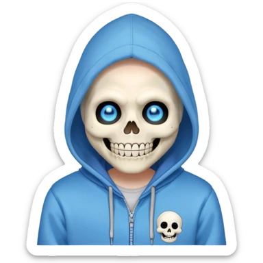 Sans from Undertale with glowing blue eye, skeleton with permanent grin, wearing blue hoodie sticker