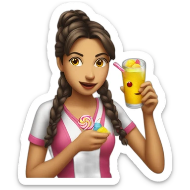 Colombian girl puting candy on a mens drinks sticker