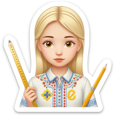 A Ukrainian girl in an embroidered shirt holds a ruler and the number “7” sticker
