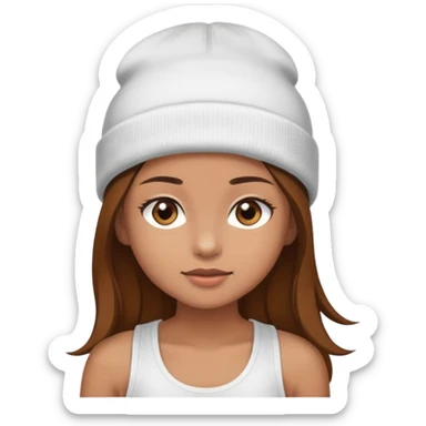 Girl with light brown skin hazel eyes long brown hair wearing a white tank top and beanie sticker