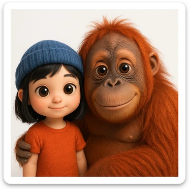 {
  "rendering": "3D rendered digital illustration",
  "materials": "high-detail textures with realistic material rendering",
  "lighting": "studio lighting with soft diffused shadows",
  "shading": "soft ambient occlusion, subsurface scattering on skin",
  "forms": "rounded smooth forms",
  "background": "clean white background",
  "eyes": "glossy reflective eyes",
  "colors": "vibrant saturated colors",
  "surface_detail": "detailed surface textures including fur strands and fabric weave",
  "animal_proportions": "naturalistic proportions for animals and objects",
  "human_proportions": "cute stylized proportions with large expressive eyes for human characters only",
  "subject": "orangoutang"
} sticker