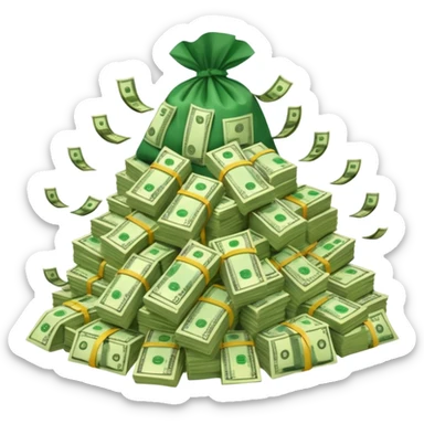 mountain of cash, with bags of money sticker