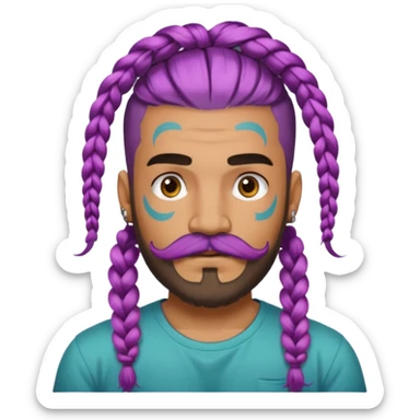 big lose braids starting from the top sides of the head hair like a unicorn man with mustache face wiith big visible loose only two braids and lots and lots of colored face tattoos colored tattoos like a tattoo artist hair unique color and beard sticker