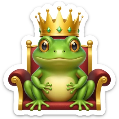 A frog wearing a crown, confidently sitting on a golden throne, portrait, bust up sticker