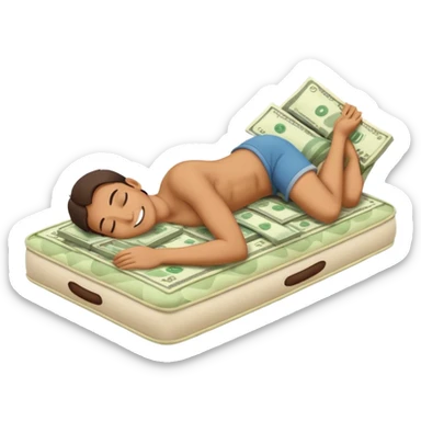 happy person napping on mattress of money sticker