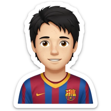Un chico con pelo largo, desordenado y negro, tiene pecas, brackets, ojos cafés oscuros y con una camisa del Barcelona sticker