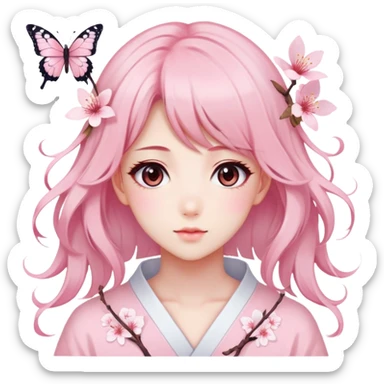 A Gorgeous Beautiful Anime Lady Sakura Cherry Blossom and Pretty Hair, pastelcore aesthetic, pastel pink and white, butterfly sticker