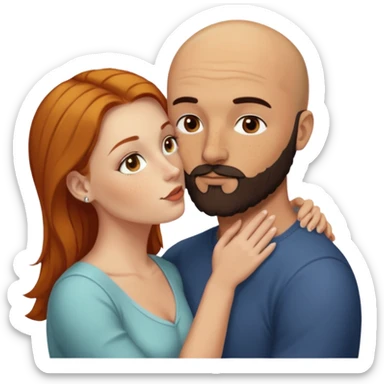 Couple. Bald man with dark brown-black beard. White woman with many small, faded freckles, she has white skin and she has auburn-yellow-brown-cinnamon, dark long hair. She has light brown eyes. The man have hazel eyes. Retro style. They kiss. sticker