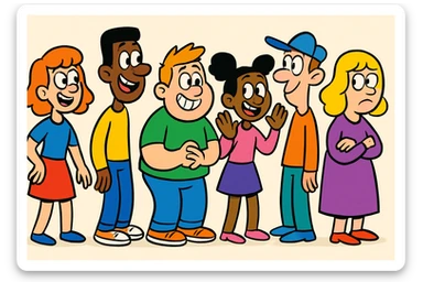 a line of people, playful and colorful, cartoon style sticker