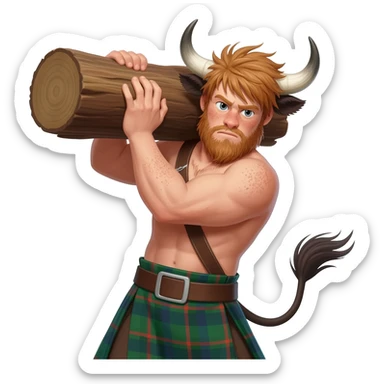 buff hairy man with freckles with messy light brown bangs that covers his face with bull horns and bull ears and bull tail dressed in kilt lifting large log with wind in his hair with belt around his chest sticker
