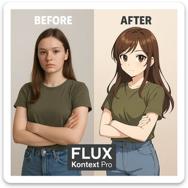 create before after image of a girl before is realsitic photo, after is anime version of her in same pose and clothes, add logo with text of a "FLUX Kontext Pro" sticker