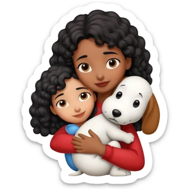 Girl with brown skin and curly black hair hugging snoopy sticker