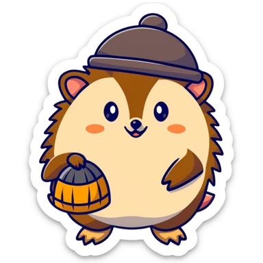 A hedgehog holding a hat in its hand sticker