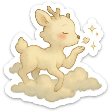 vanilla-colored cloud doe with rosy cheeks, floating, blowing a kiss with sparkles, soft and dreamy ghibli style sticker