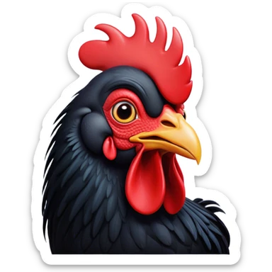 Cinematic Comical Black Rooster Portrait Emoji, Head tilted dramatically with an exaggeratedly shocked or amused expression, featuring a striking pure black plumage with a bold red comb, wide, expressive eyes filled with playful disbelief, Simplified yet hilariously expressive features, highly detailed, glowing with a slightly sassy glow, high shine, dramatic yet playful, stylized with an air of cheeky mischief, bright and endearing, soft glowing outline, capturing the essence of a spirited and over-the-top rooster, so meme-worthy it feels like it could crow its way into internet fame instantly! sticker