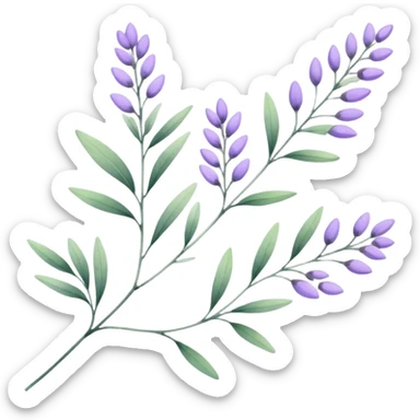 simple flower branches. The art style is clean line art with delicate watercolor textures, pastel colors, and a dominant palette of lavender, soft lilac, and muted purple. sticker