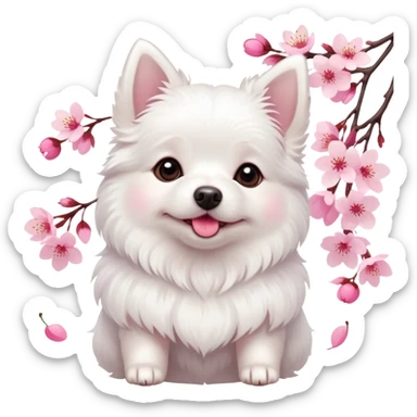 A cute  little  white dog and cherry blossom sticker