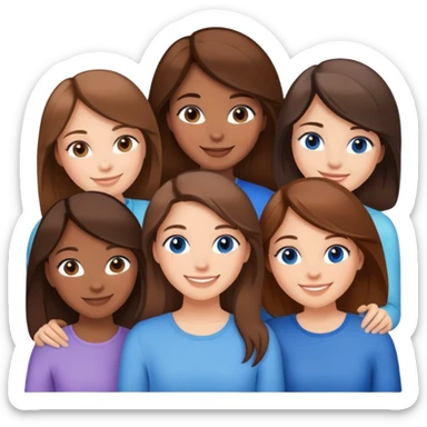 six girl friends together: 1 with brown hair, blue eyes, light skin; 2 with brown hair, brown eyes, medium skin; 1 with blond hair, brown eyes, light skin; 2 with brown hair, brown eyes, light skin sticker